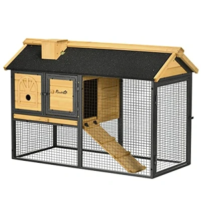 Image of PawHut 2 Tiers Rabbit Hutch and Run, Guinea Pig Outdoor with Sliding Tray, Ramp, for 1 Rabbits