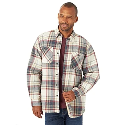 Image of Wrangler Authentics Men&#039;s Long Sleeve Sherpa Lined Flannel Jacket Shirt, Light Beige Heather, XL UK