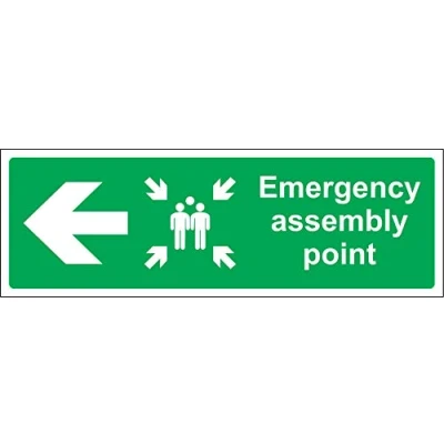 Image of Emergency assembly point directional sign Left arrow Safety 3mm Aluminium 300mm x 100mm