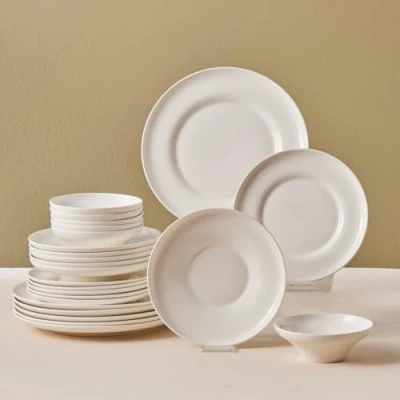 Image of Karaca Streamline Selene White Dinner Set for 6 People Bone China Plates and Bowl Kitchen Service Crockery 24 Piece