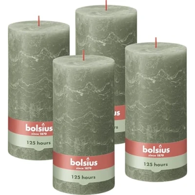 Image of Bolsius Rustic Pillar Candle XXL Green Set of 4 20 x 10 cm Decorative Household Candles Long Burning Time 125 Hours Unscented Includes Natural Vegan Wax Without Palm Oil
