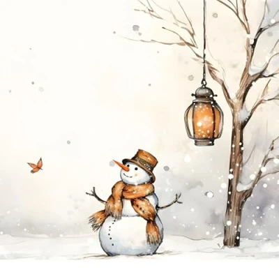 Image of 20 Napkins Winter Snowman on Tree with Lantern as Table Decoration Paper Motif Also for Decoupage and 33 x cm