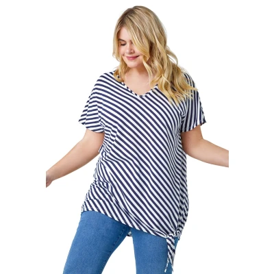 Image of Roman Curve Stripe Side Tie Stretch Top for Women UK Ladies Everyday Autumn Winter V Neckline Comfy Soft Evening Vacation Work Party Night Out Navy Size 20