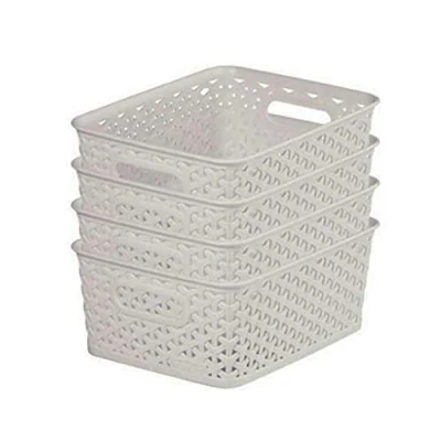 Image of Curver My Style Rattan Effect Set of 4 Kitchen, Living room, Bathroom, Bedroom, Utility Small Rectangular Storage Baskets Litres Light Grey