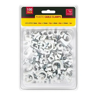 Image of Plastic White Cable Clamps Clips Flat Electrical Wire Holder Round TV Phone Internet Lead Fixings with Fixing Nail Assorted Sizes Pack of 100