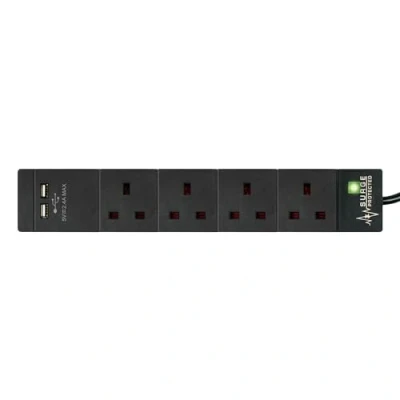 Image of STATUS Multi Plug Extension 4 Socket Cable with 2 USB Charging Ports 13A Surge Protected Neon Indicator Black 2m Lead S4W2M2USBB1PK6