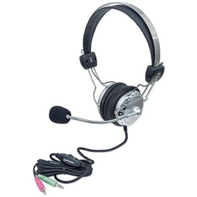 Image of Manhattan stereo Over Ear Headset (3.5mm), Microphone Boom (padded), Adjustable Steel Headband, In Line Volume Control, Cushions, Std 2x 3.5mm jack/plug for audio/mic use, cable 2.5m