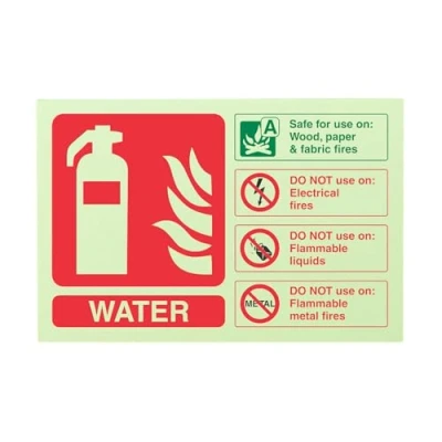 Image of V Safety Glow In The Dark Water Id Fire Extinguisher Sign 150mm x 100mm Self Adhesive Vinyl