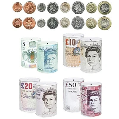 Image of 1 X Sterling Bank Note Money TIN Piggy Bank, Coin Tin, Cash Saving Box, Birthday Money, Holiday &amp; Christmas Fund (1 RANDOM Tin)