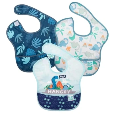 Image of Bumkins SuperBib, Adjustable Hook &amp; Loop Closure, Catch All Pocket, Waterproof, Machine Washable, Stain Odour Resistant, BPA Free, 6 24 Months, 3 Pack, Hangry, Dinosaurs, Blue Tropic Design