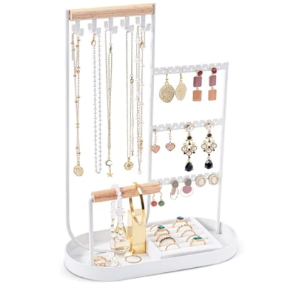 Image of ProCase Jewelry Organiser Holder Stand with Velvet Ring Tray and Study Metal Frame, Necklace Organizer Bracelet Display Storage Rack for Studs Rings White