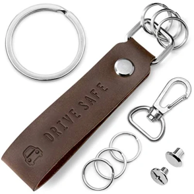 Image of FABACH leather Key Ring with Interchangeable in Gift Box Car Pendant for Chain and Drive Safe, Brown (Brown) FB_LEA_B_DS