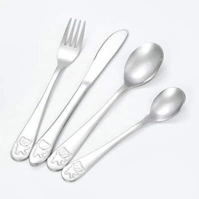 Image of Kids Cutlery Set Bear Engraved Knife Fork Spoon Teaspoon Pack of 4 Stainless Steel for Toddler Dishwasher Safe Babies &amp; Children Sets