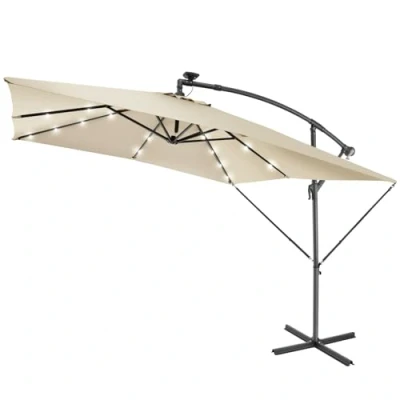 Image of TecTake® Garden Parasol Water Repellent Sun Shade with Solar LED Lights, Hand Crank for Opening &amp; Closing, Tilt Angle Air Vent 2.5x2.5m Umbrella Patio, Balcony Pool Beige
