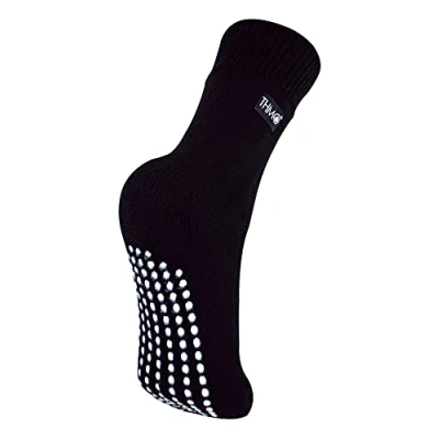 Image of THMO Kids Indoor Slipper Socks with Grippers Thick &amp; Warm Comfort Loose Top Non Slip Thermal (4 5, Black)