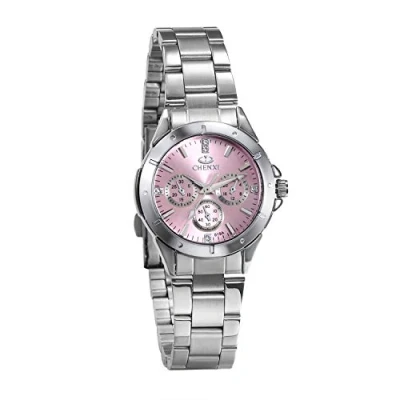 Image of JewelryWe Womens Watches 3 Eyes Analog Pink Quartz Watch Silver Tone Stainless Steel Dress Watch(Pink)
