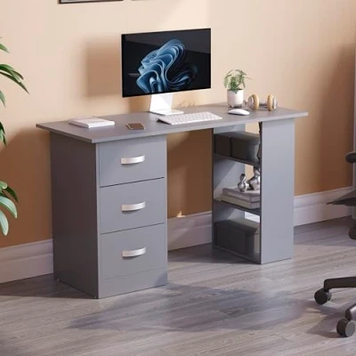 Image of Vida Designs Mason Computer Desk with Shelves and 3 Drawers, Home Office PC/Laptop Gaming Table, Study Workstation, Furniture Grey