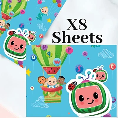 Image of CoComelon Wrapping Paper 8 Sheets Tags Sheet Size 70cmx50cm Official Product Responsibly Resourced