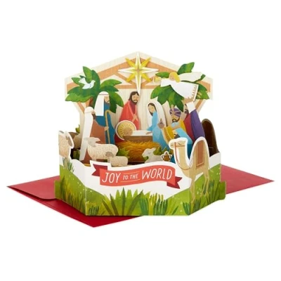 Image of Hallmark Christmas Card, Nativity Scene Design, 3D and Pop Up Religious Green, Red