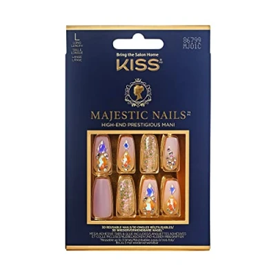 Image of KISS Majestic High End Diamond Rings Long Length Coffin Premium False Nails Kit Including Nail Glue, Mini File, Prep Pad and 30