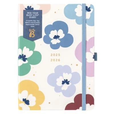 Image of Busy B Diary A5 Mid Year Academic Life Weekly Journal Aug &#039;25 &#039;26 Floral Print Cover Planner with Dual Schedules, Calendar, Pen Loop, Pockets &amp; Elastic Closure
