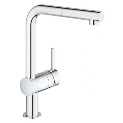 Image of GROHE Minta Pull Out Kitchen Sink Mixer Tap (Monobloc Installation, L spout, 360 Swivel Range, Spray Head, 46 mm Ceramic Cartridge, Tails 3/8 Inch), Size 329 mm, Chrome, 32168000