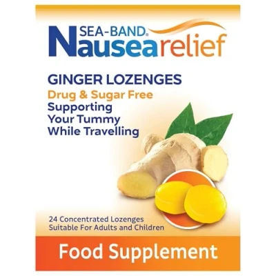 Image of Sea Band Nausea Relief Sugar Free Ginger Lozenges for Motion and Travel Sickness (24 Lozenges, Pack of 1)