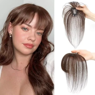 Image of Clip in Bangs, Fringe Human Hair, Real Hair Extensions, on Air Bangs for Women Hairpieces Curved Daily Wear, A, dark brown