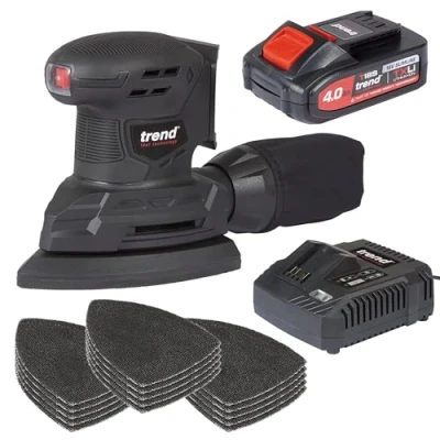 Image of Trend 18V Cordless Detail Sander with 4Ah Battery, Fast Charger &amp; 150 Abrasive Sheets (80, 120, 240 Grit), T18S/DSP2