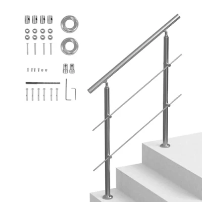 Image of VEVOR Handrails for Outdoor Steps, 39.4 in Length 2 Crossbars Stair Hand Rail Kit, Transitional Stainless Steel Railings w/Installation Double Column Staircase Seniors,Porch &amp; Deck