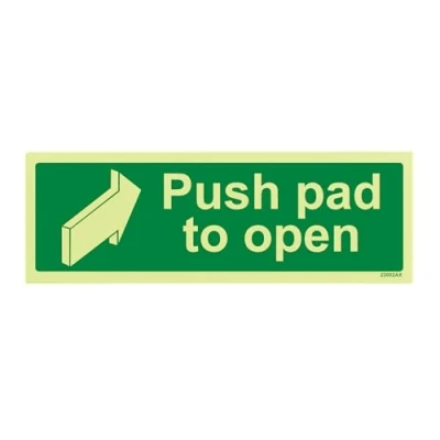 Image of V Safety Glow In The Dark Push Pad To Open Door Sign 300mm x 100mm Self Adhesive Vinyl