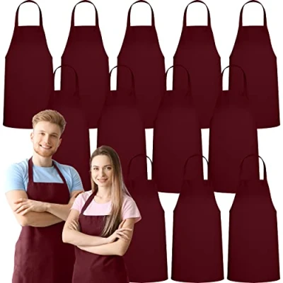 Image of 12 Pack Bib Apron Unisex Burgundy Aprons, Machine Washable Aprons for Men and Women, Kitchen Cooking BBQ Bulk (Pack of 12, No Pockets, Burgundy)