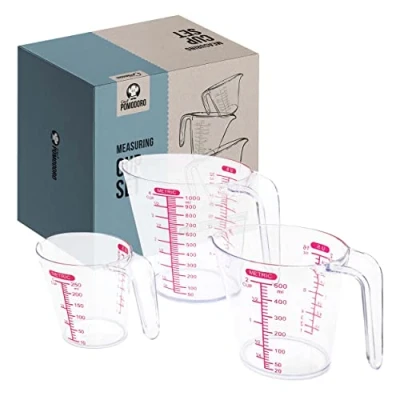 Image of Chef Pomodoro Measuring Cups Plastic, 1L / 500mL 250 mL, BPA Free, Jugs Set 3 Piece for Kitchen, Stackable Baking &amp; Cooking, Plastic Jug with Red Measurements