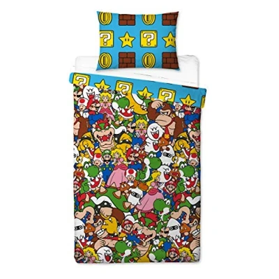 Image of Super Mario Nintendo Gang Single Duvet Cover Reversible Two Sided Design Kids Bedding Set Includes Matching Pillow Case