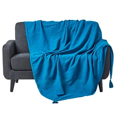 Image of HOMESCAPES Rajput Ribbed Throw 100 x 140 Inches Teal 100% Cotton, Suitable for most 3 Seater Sofas or Double, King bedspreads, Easy care, washable at home.