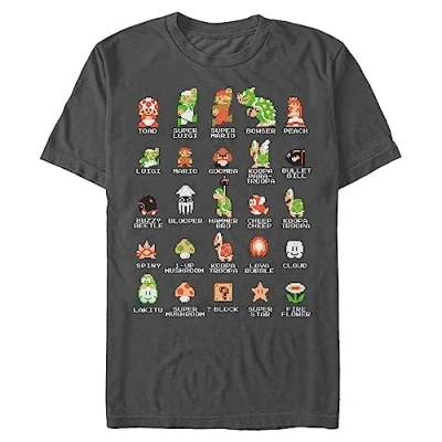 Image of Nintendo mensNNTD0075 10001006Pixel Cast T Shirt Crew Neck Short Sleeves Gray XXL