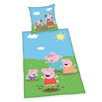 Image of Herding Peppa Pig Bedding Set, Pillowcase 80 x cm, Duvet Cover 135 200 with smooth running zip, 100% Cotton/Renforcé, Multicoloured