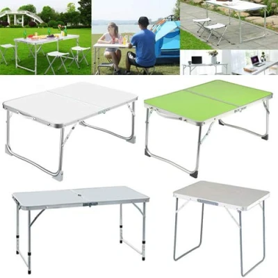 Image of Folding Camping Table with Adjustable Height, 4ft Compact Aluminium Foldable Portable Trestle for Outdoor Indoor Kitchen Garden Party BBQ Picnic