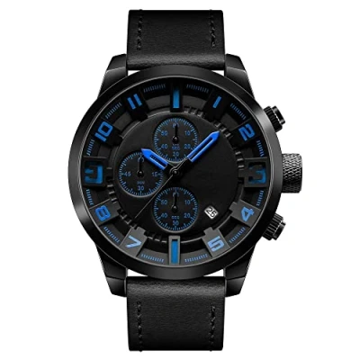 Image of FeiWen Mens Fashion Casual Analog Quartz Watches Calendar Date Stainless Steel Case with Leather Band Stopwatch Business Wristwatch Sub Dial, Blue