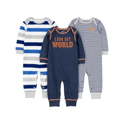 Image of Simple Joys by Carter&#039;s Baby Boys&#039; 3 Pack Jumpsuits Romper, Grey Heather Rugby Stripe/Navy Text Print/White Stripes, 0 Months (Pack of 3)
