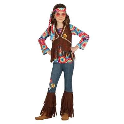 Image of FIESTAS GUIRCA Happy Hippie Girl Fancy Dress Costume 70s Attire with Headband, Multicoloured Tie Dye T Shirt, Waistcoat and Trousers for Children 5 6 Years