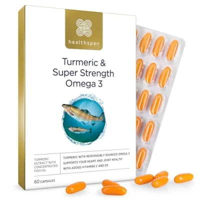 Image of Healthspan Turmeric &amp; Omega 3 60 Capsules Added Vitamin C D3 Heart, Joint Bone Health Sustainably Sourced