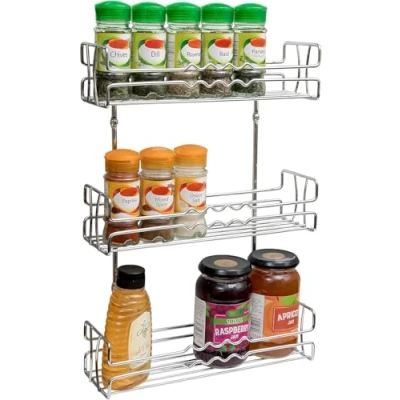 Image of Amtido Spice Rack for Inside Cupboard Door Mount or Wall Mounted Kitchen Storage Organiser, Space Saving Solution Unit Herbs, Jars and Small Sauce Bottles Hardware Included 3 Tier Chrome