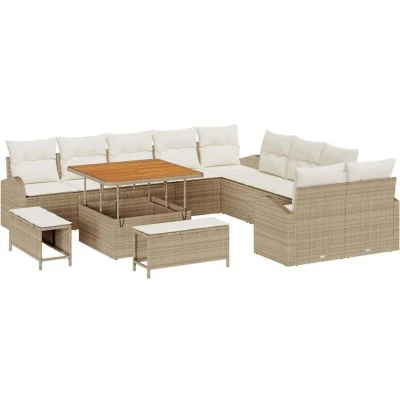 Image of 13 Piece Garden Sofa Set with Cushions Beige Poly Rattan Acacia vidaXL