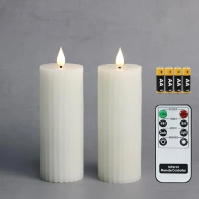 Image of Fanna 15 cm White Slim Column Battery Operated LED Candles, Flameless Pillar Candles for Christmas Stripe Design, Batteries and Remote Included Set of 2