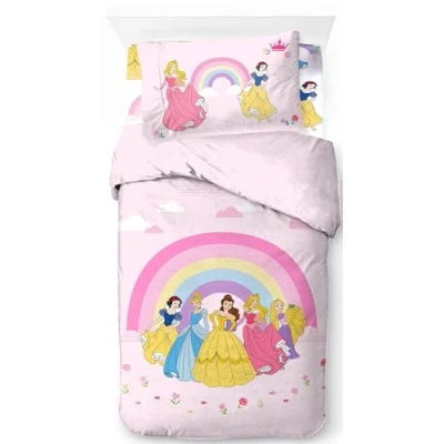 Image of Jay Franco Disney Princess Rainbow 100% Cotton 3 piece Single Bedding Set Includes Duvet Cover, Fitted Sheet &amp; Pillowcase