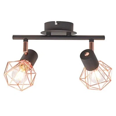 Image of vidaXL Industrial Style Ceiling Lamp with 2 Spotlights E14 Bulb Compatibility Black and Copper, Metal Iron Construction for Living Room or Bedroom Decor