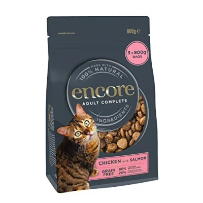 Image of Encore Complete and Grain Free Adult Dry Cat Food, Chicken Salmon, 800 g Bag (Pack of 3)