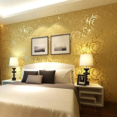 Image of Modern Minimalist 3D Stereo TV Background Living Room Bedroom European PVC Damask Leaf Non Pasted Wallpaper Gold Color 1.73&#039; W x 32.8&#039; L