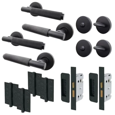 Image of EAI Black Bathroom Door Handle Set Pack of 2 Round Internal Knurled Handles, Thumb Turn &amp; Release Set, Lock Hinges (76mm) Matt Dolton Range